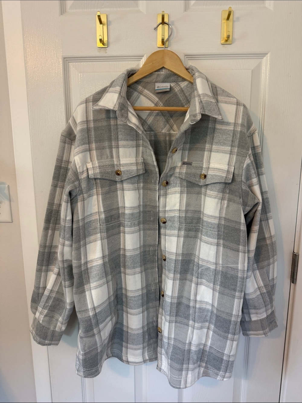 Columbia Gray & White Plaid Flannel Button Shirt